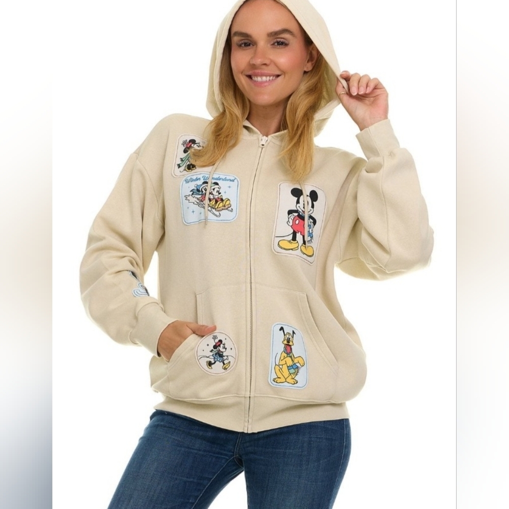Mickey Minnie Mouse Goofy Womens Full Zip Up Hoodie Jacket Large Cream Winter L